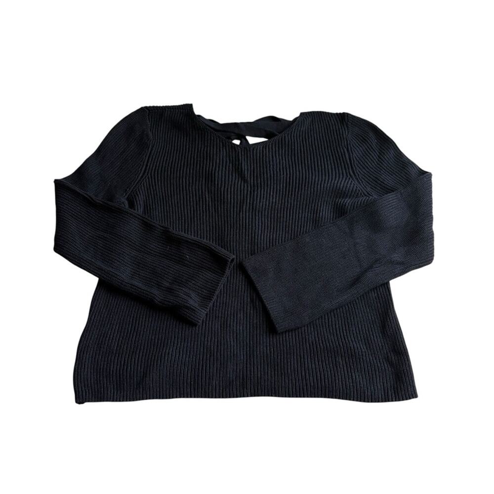 LOFT Black Ribbed Crew Neck Sweater with Lace Up Back Size L